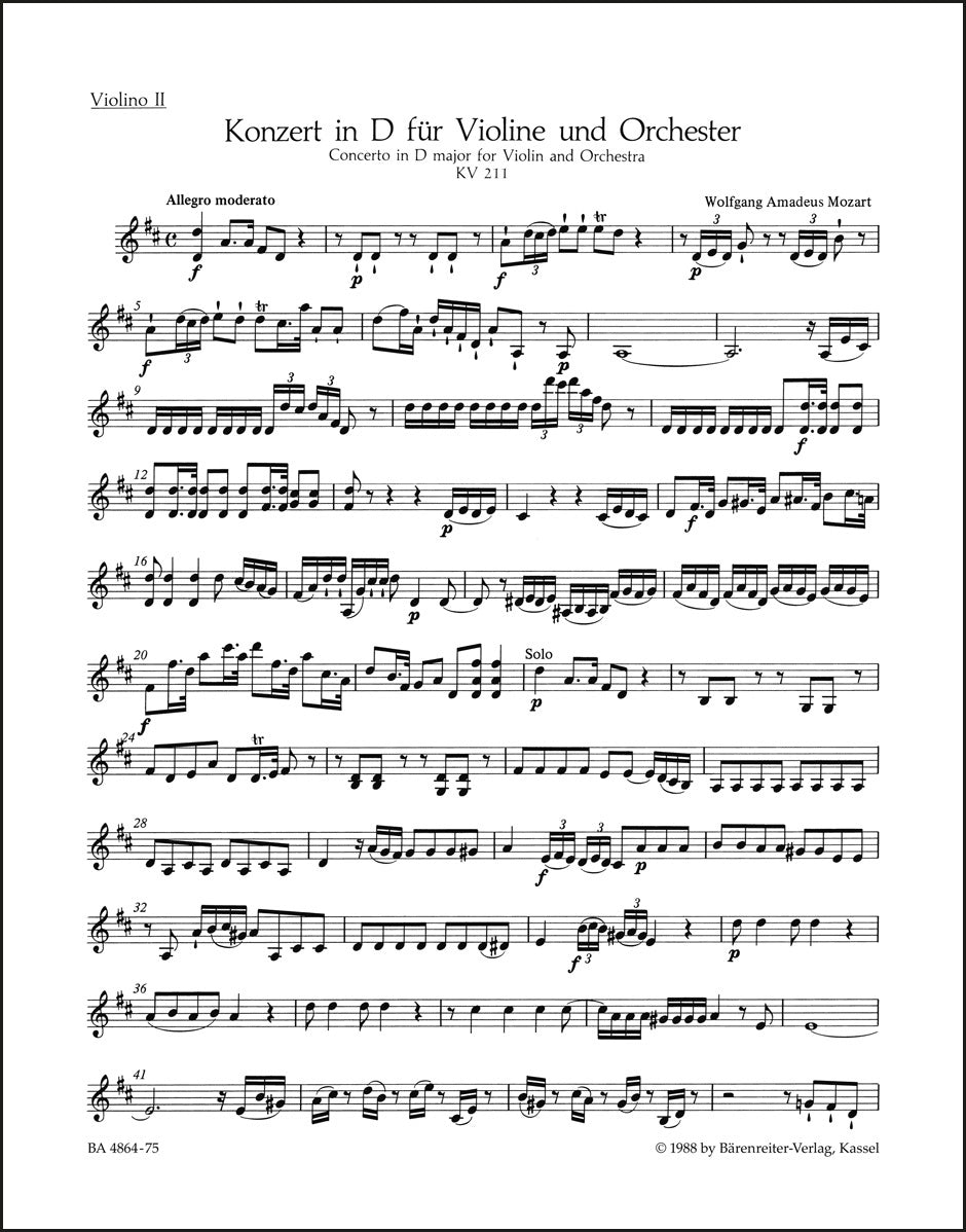 モーツァルト:ヴァイオリン協奏曲 第2番 ニ長調 K. 211(ヴァイオリンパート譜)(3冊セット)