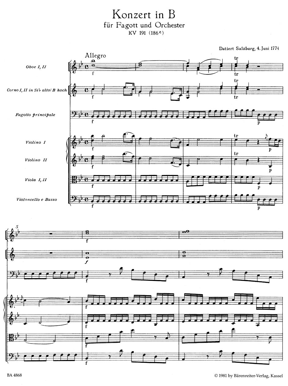 ファゴット/バスーン/モーツァルト:ファゴット協奏曲 変ロ長調 K. 191(186e)