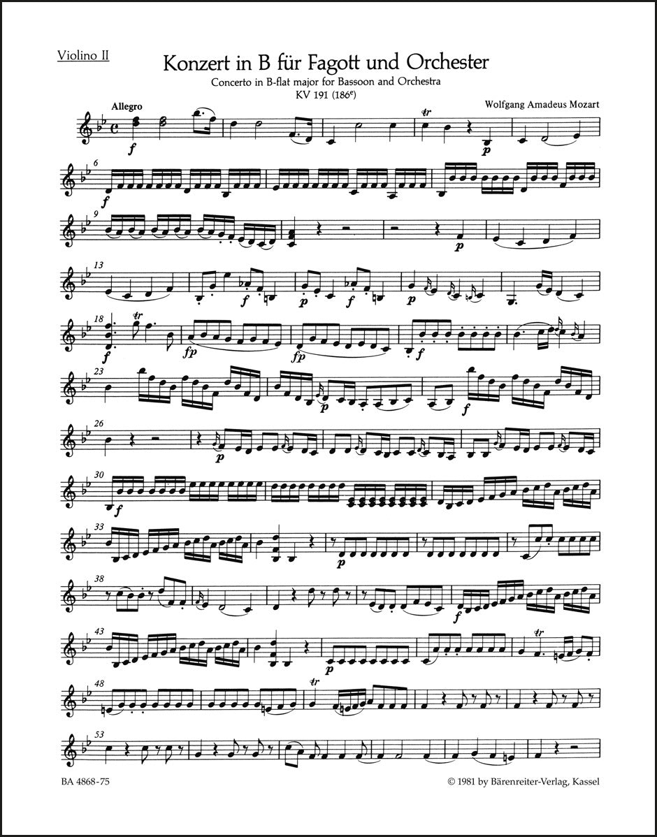 モーツァルト:ファゴット協奏曲 変ロ長調 K. 191(186e)(ヴァイオリンパート譜)(4冊セット)