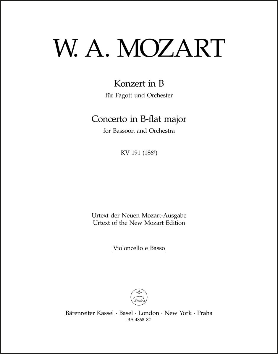 モーツァルト:ファゴット協奏曲 変ロ長調 K. 191(186e)(チェロパート譜)(4冊セット)