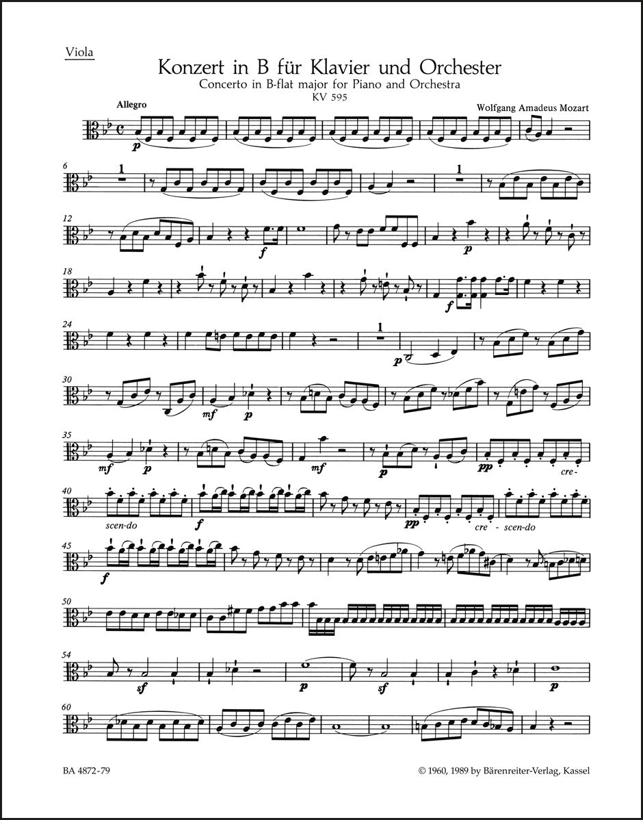 モーツァルト:ピアノ協奏曲第27番 変ロ長調 K. 595(ヴィオラ・パート譜)(ヴィオラパート譜)(2冊セット)