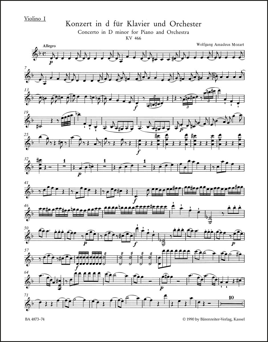 モーツァルト:ピアノ協奏曲第20番 ニ短調 K. 466 ヴァイオリン1パート譜(ヴァイオリンパート譜)(4冊セット)