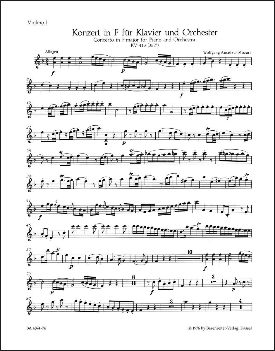 モーツァルト:ピアノ協奏曲第11番 イ長調 K. 413(387a)(ヴァイオリンパート譜)(4冊セット)