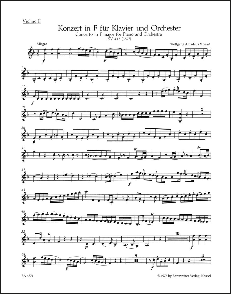 モーツァルト:ピアノ協奏曲第11番 イ長調 K. 413(387a) パート譜(ヴァイオリンパート譜)(4冊セット)