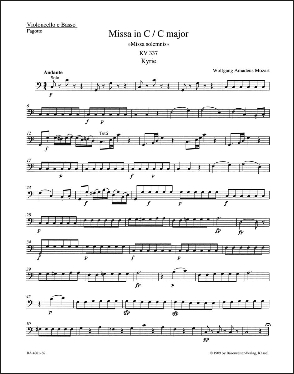 モーツァルト:ミサ曲 ハ長調 K. 337「荘厳ミサ曲」(チェロパート譜)