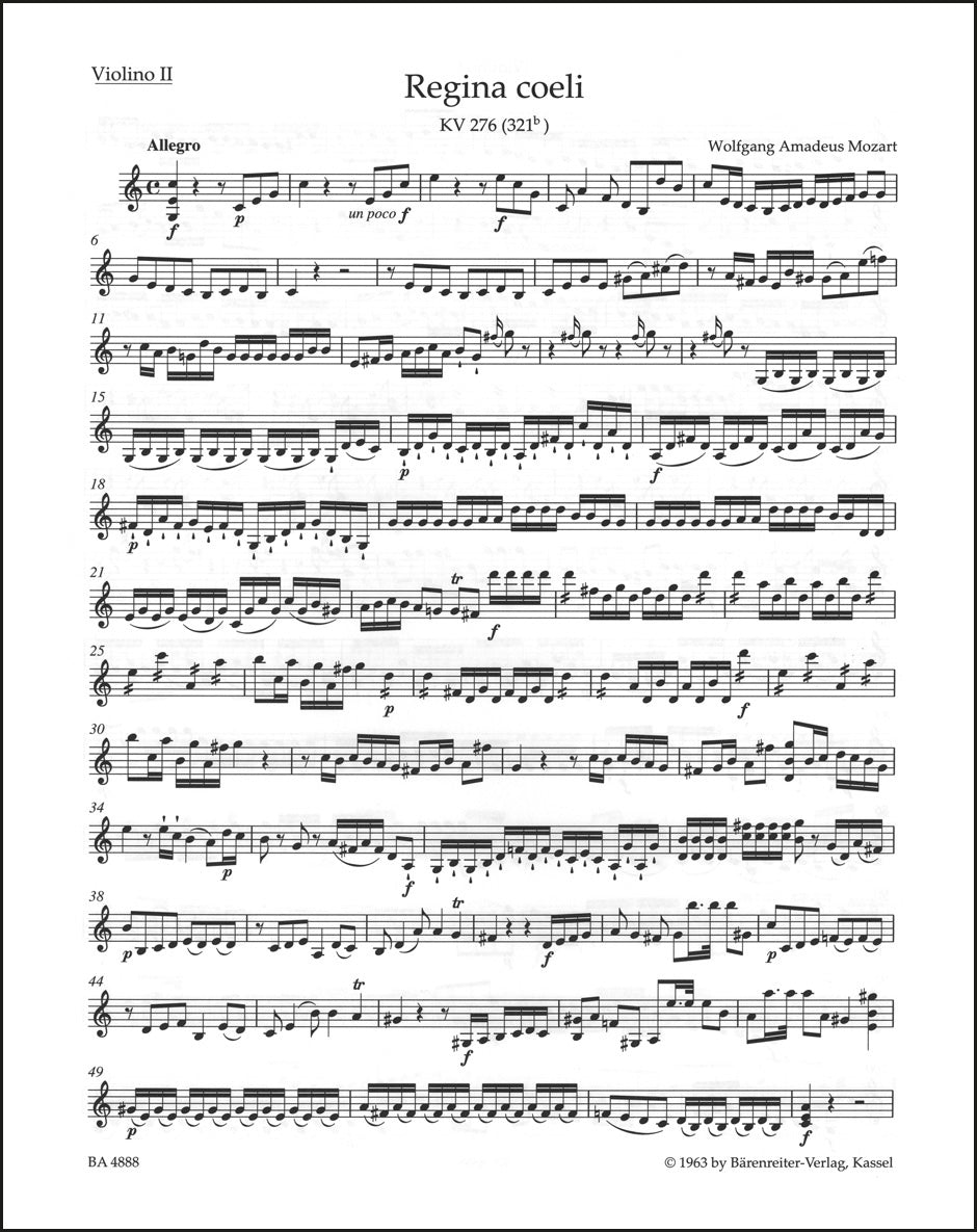 モーツァルト:レジーナ・チェリ ハ長調 K. 276 (321b)(ヴァイオリンパート譜)
