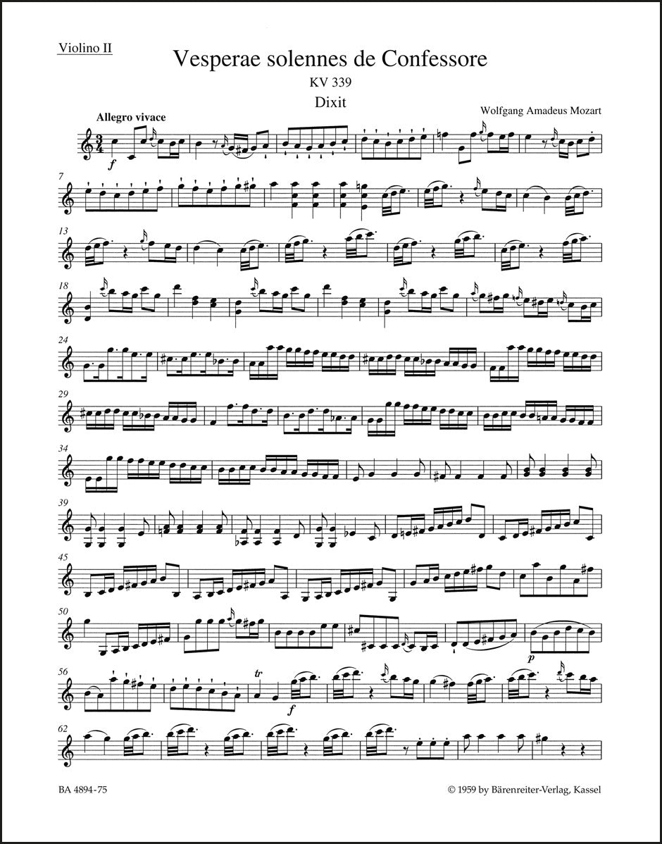 モーツァルト:荘厳な告白者の晩課 K. 339(ヴァイオリンパート譜)