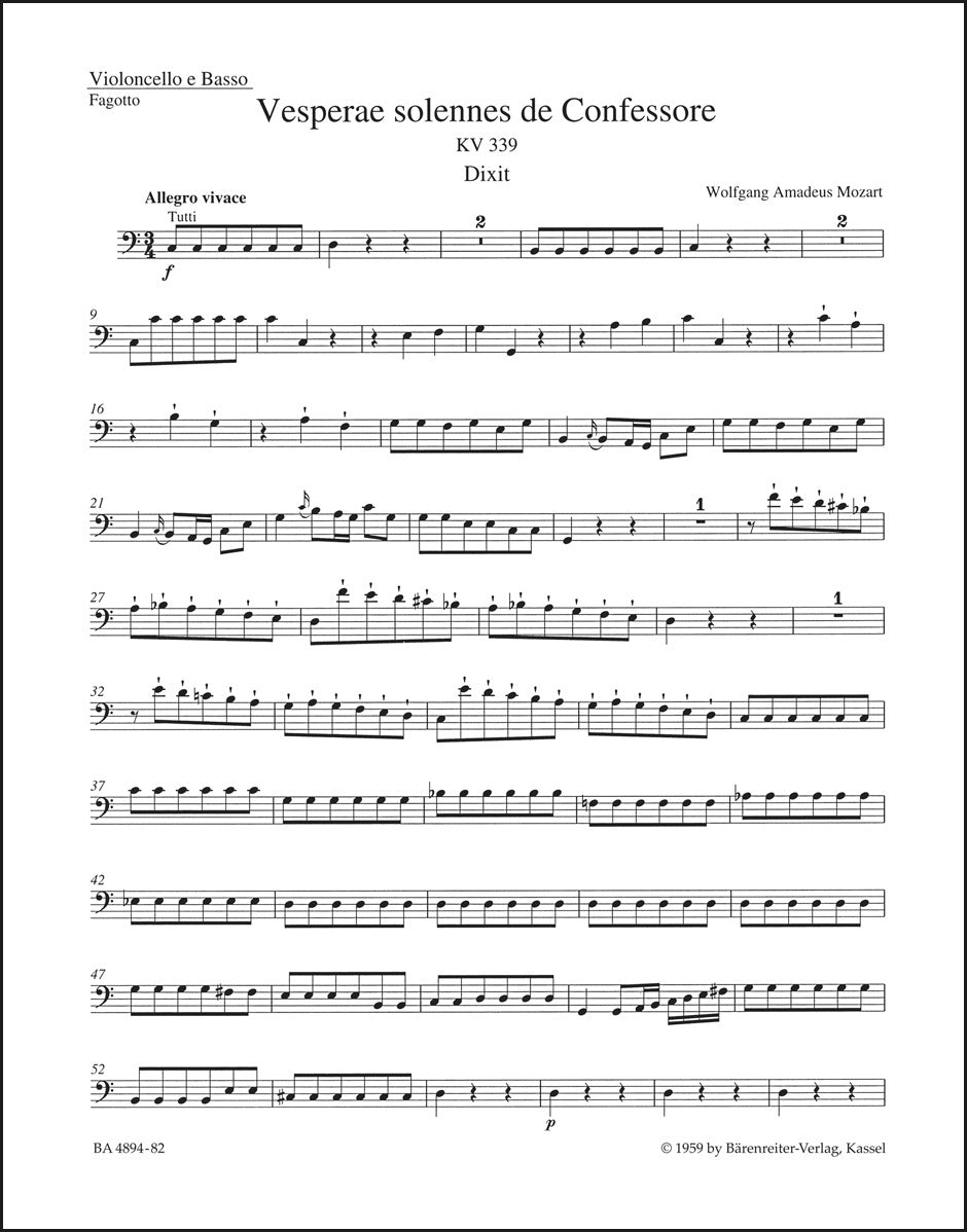 モーツァルト:荘厳晩課 K. 339(チェロパート譜)