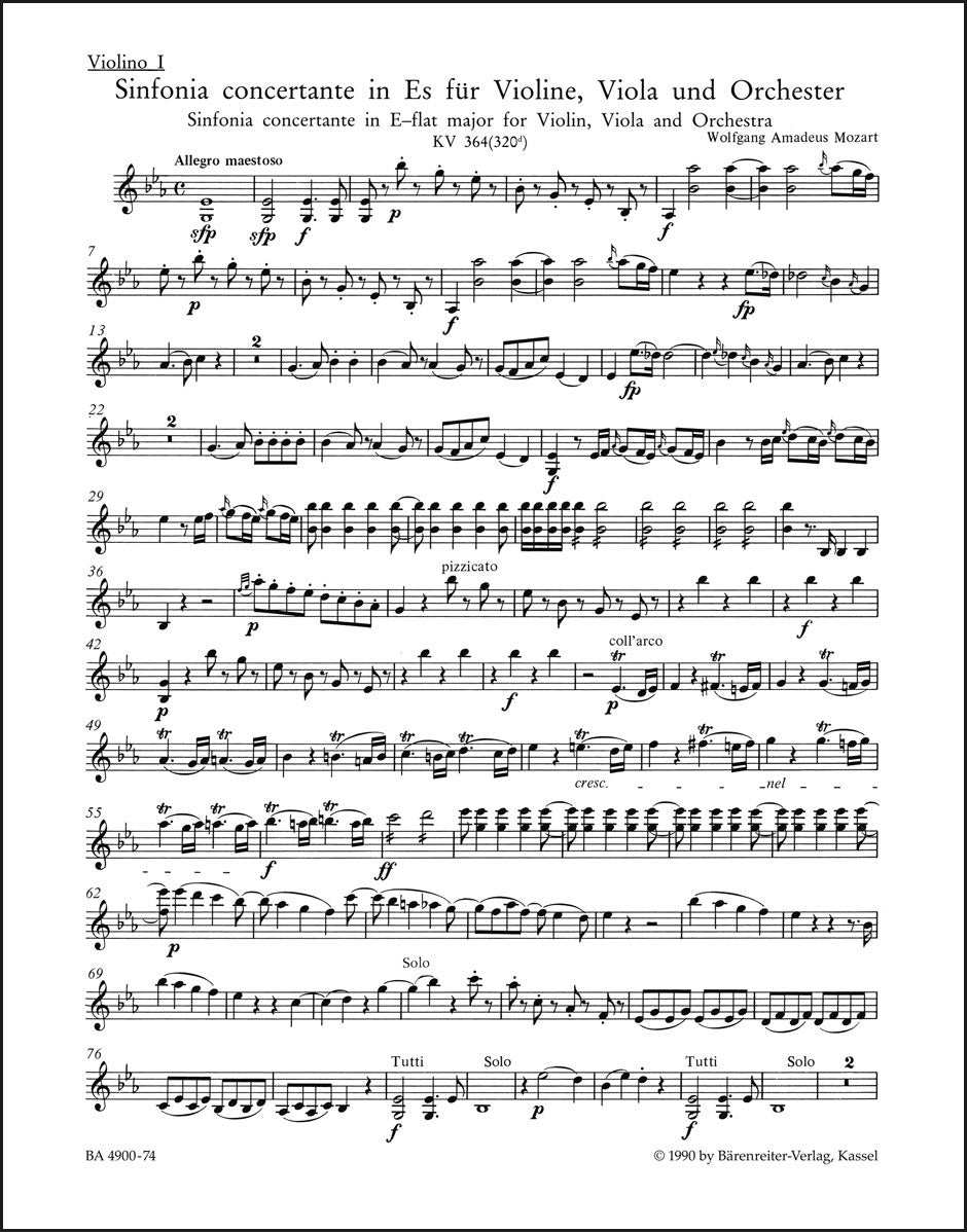 モーツァルト:交響的協奏曲 変ホ長調 K. 364 (320d) ヴァイオリン、ヴィオラと管弦楽のための(ヴァイオリンパート譜)(3冊セット)
