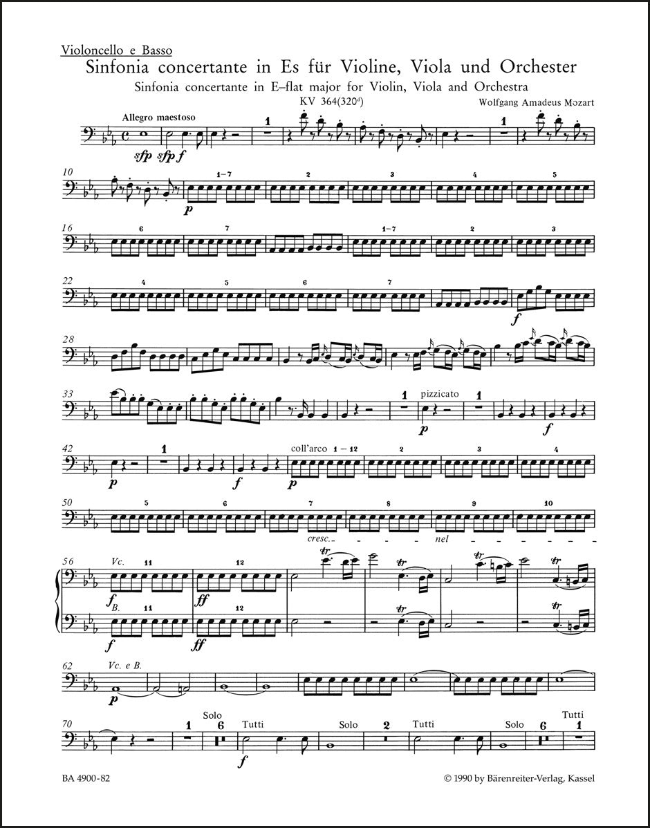 モーツァルト:協奏交響曲 変ホ長調 K. 364 (320d) ヴァイオリン、ヴィオラと管弦楽のための(チェロパート譜)(2冊セット)