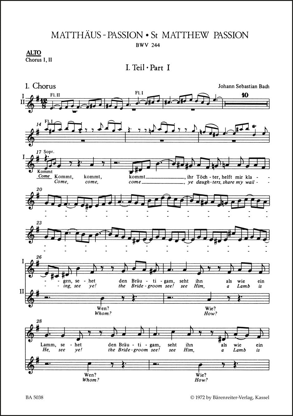 バッハ:マタイ受難曲 BWV 244 アルト(合唱声部)パート譜(アルトパート譜)(10冊セット)