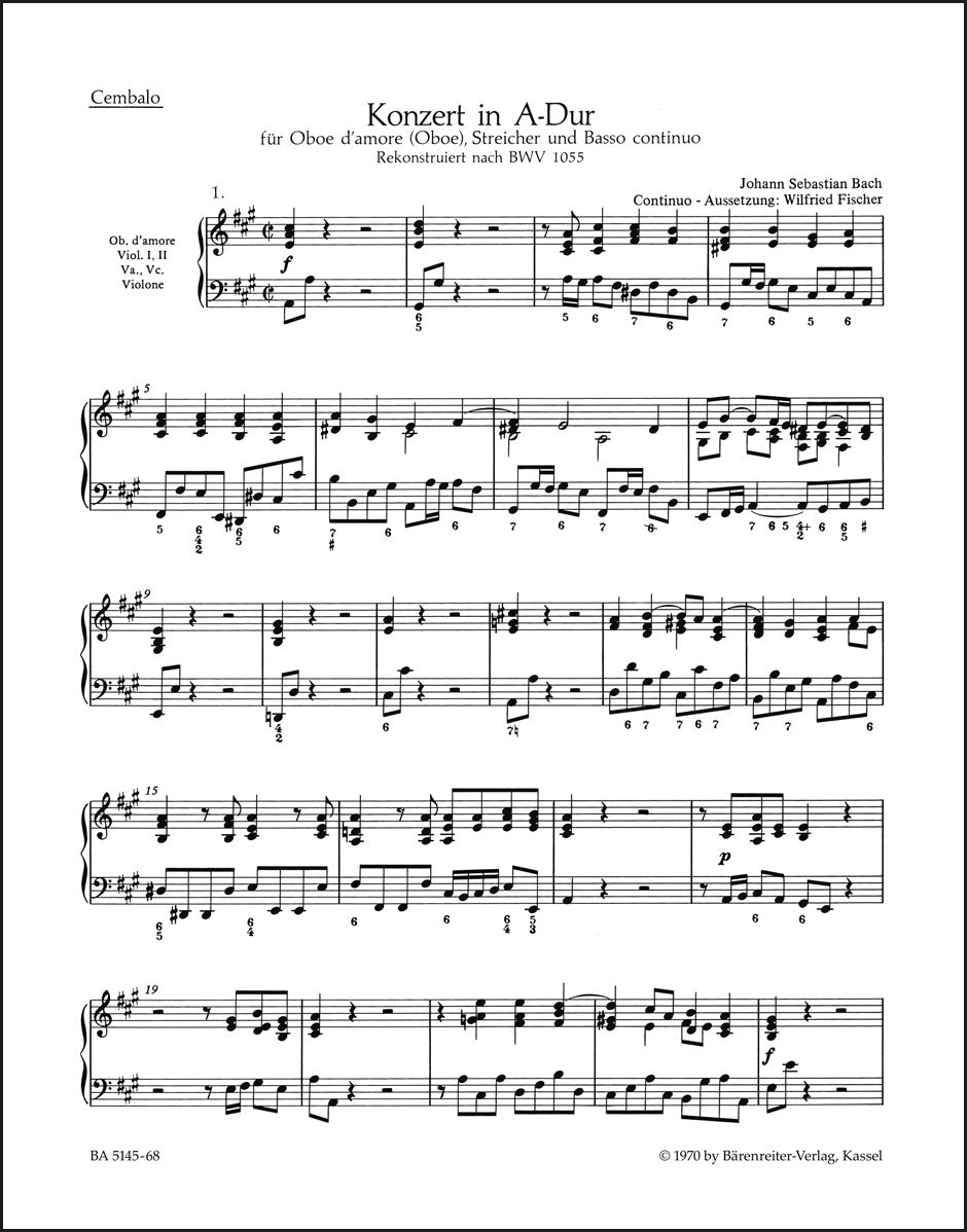 バッハ:オーボエ・ダモーレ(オーボエ)、弦楽と通奏低音のための協奏曲 イ長調(チェンバロパート譜)