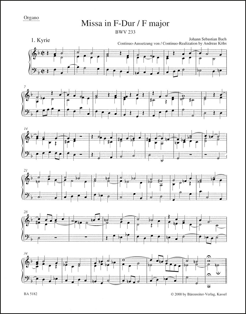 バッハ:ミサ曲 ヘ長調 BWV 233(バスパート譜)