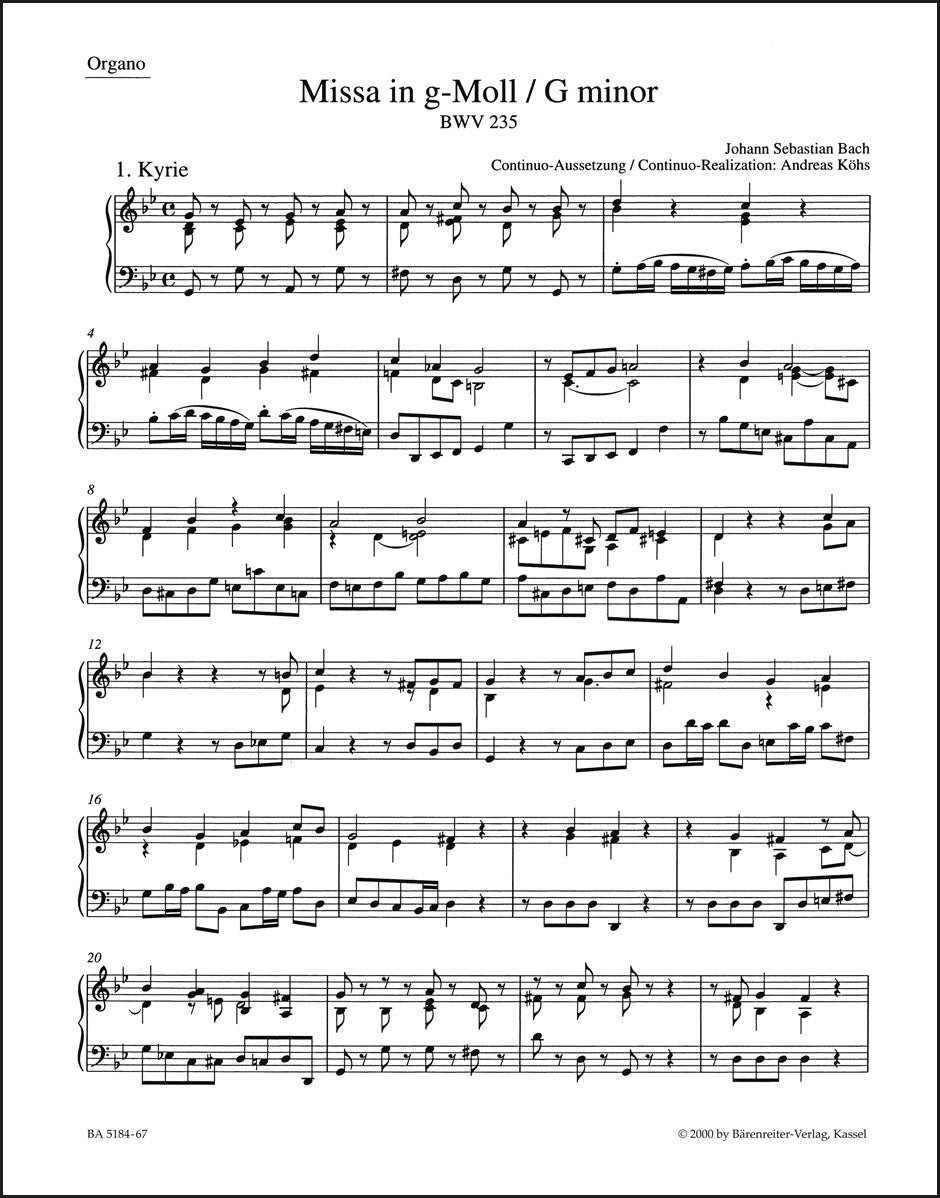 バッハ:ミサ曲 ト短調 BWV 235(オルガンパート譜)