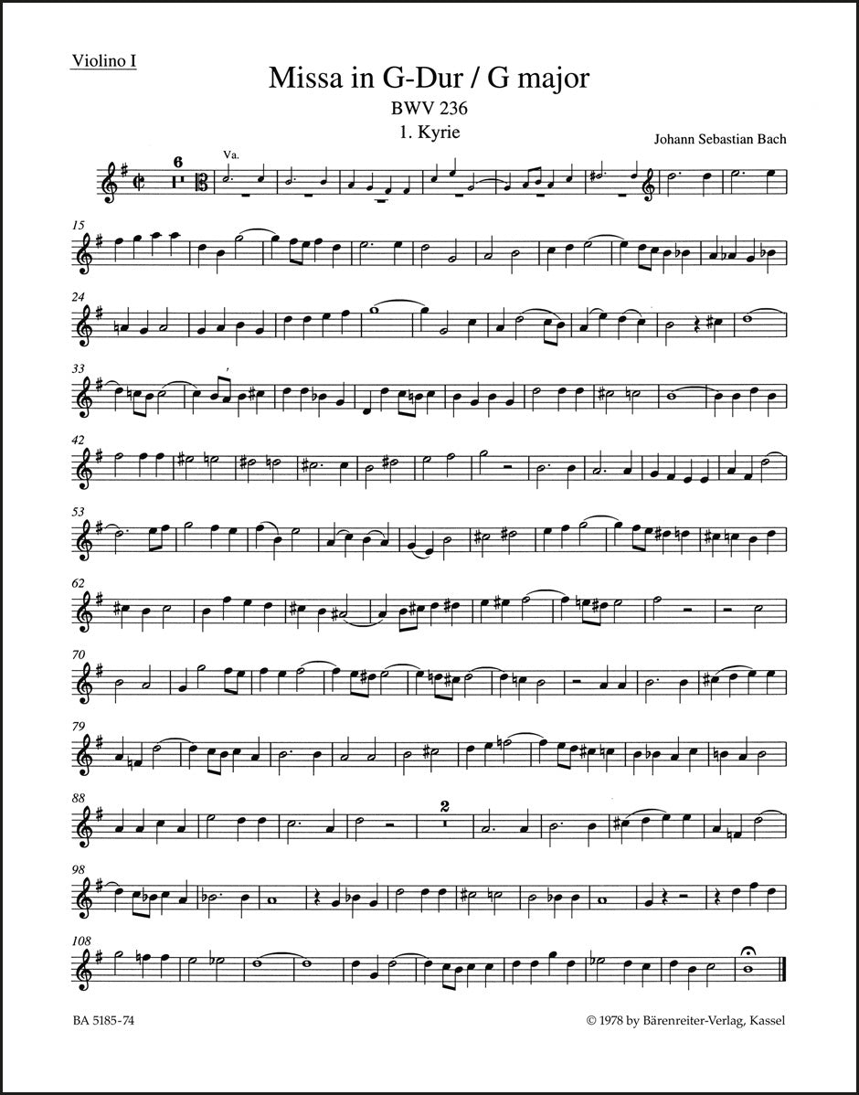 バッハ:ミサ曲 ト長調 BWV 236「ルター派ミサ」(ヴァイオリンパート譜)