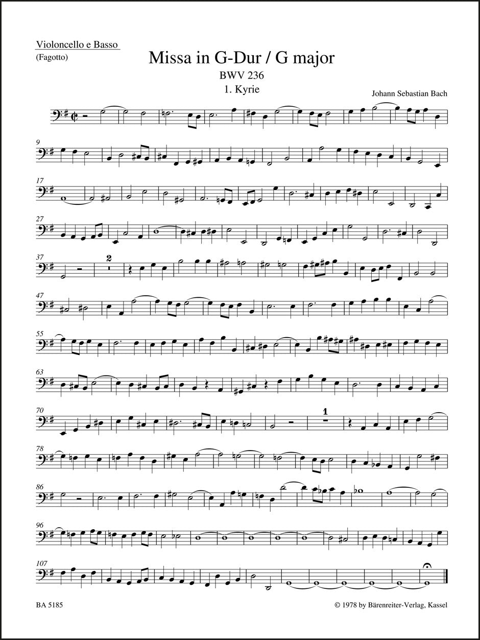 バッハ:ミサ曲 ト長調 BWV 236「ルター派ミサ」(ファゴットパート譜)