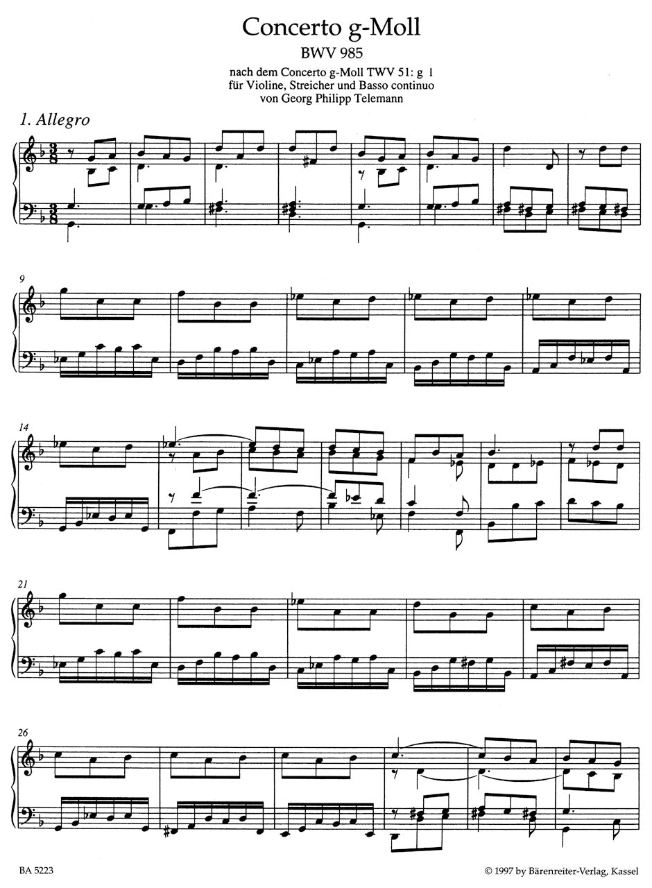 ピアノ/バッハ:他の作曲家の作品に基づく鍵盤編曲集III BWV 985-987, 592a, 972a
