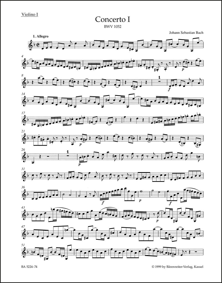 バッハ:チェンバロと弦楽のための協奏曲第1番 ニ短調 BWV 1052(ヴァイオリンパート譜)
