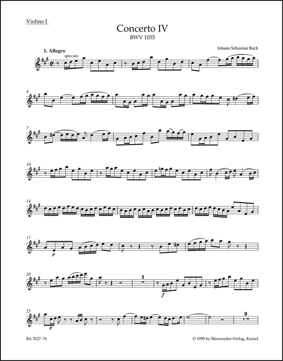 バッハ:チェンバロと弦楽のための協奏曲 第4番 イ長調 BWV 1055(ヴァイオリンパート譜)