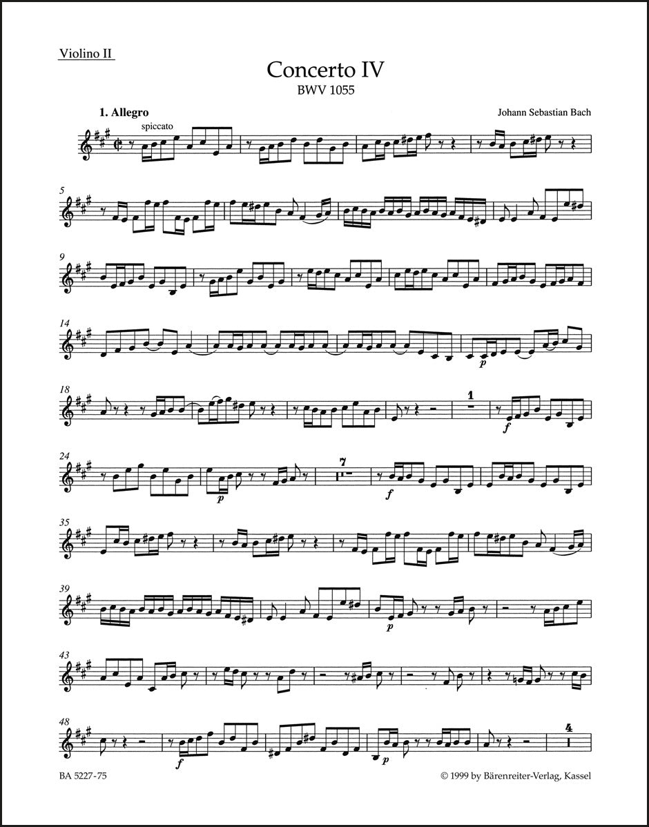 バッハ:チェンバロと弦楽のための協奏曲 第4番 イ長調 BWV 1055(ヴァイオリンパート譜)