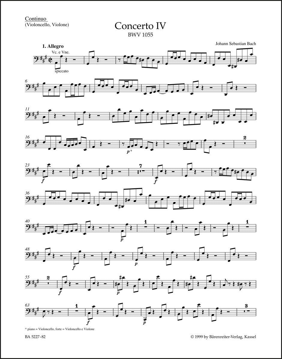 バッハ:チェンバロと弦楽のための協奏曲第4番 イ長調 BWV 1055(チェロパート譜)