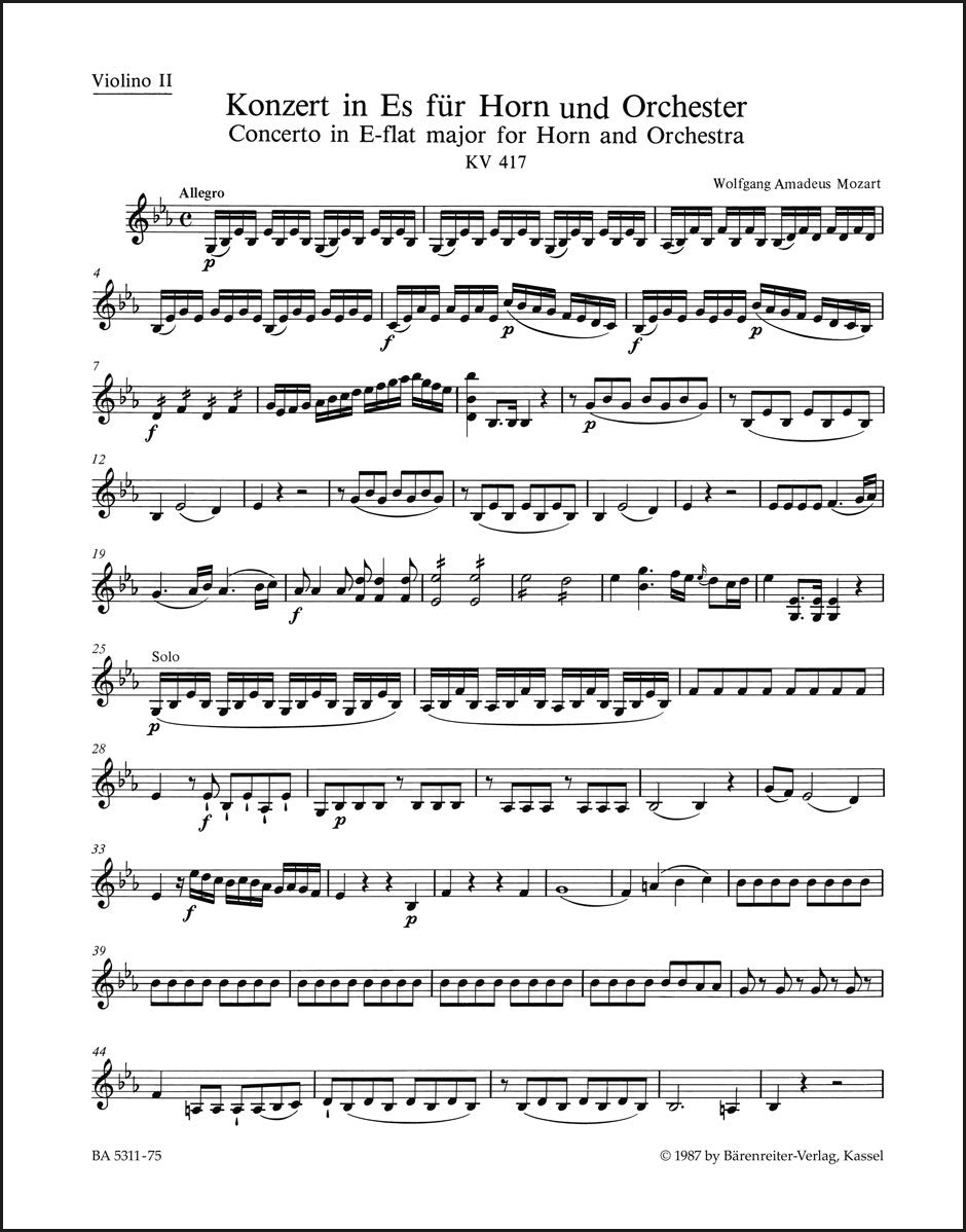 モーツァルト:ホルン協奏曲第2番 変ホ長調 K. 417(ヴァイオリンパート譜)(3冊セット)