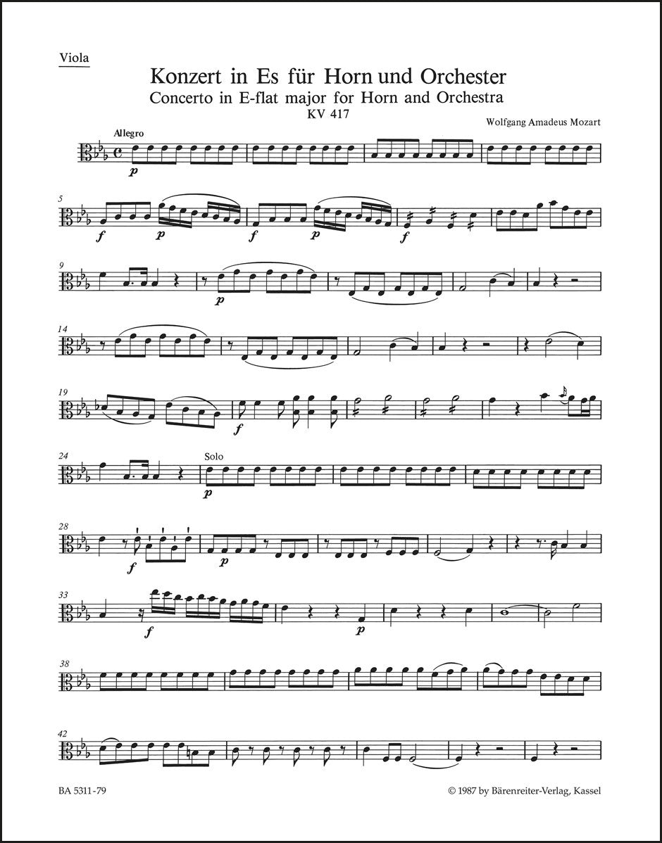 モーツァルト:ホルン協奏曲第2番 変ホ長調 K. 417(ヴィオラパート譜)(2冊セット)