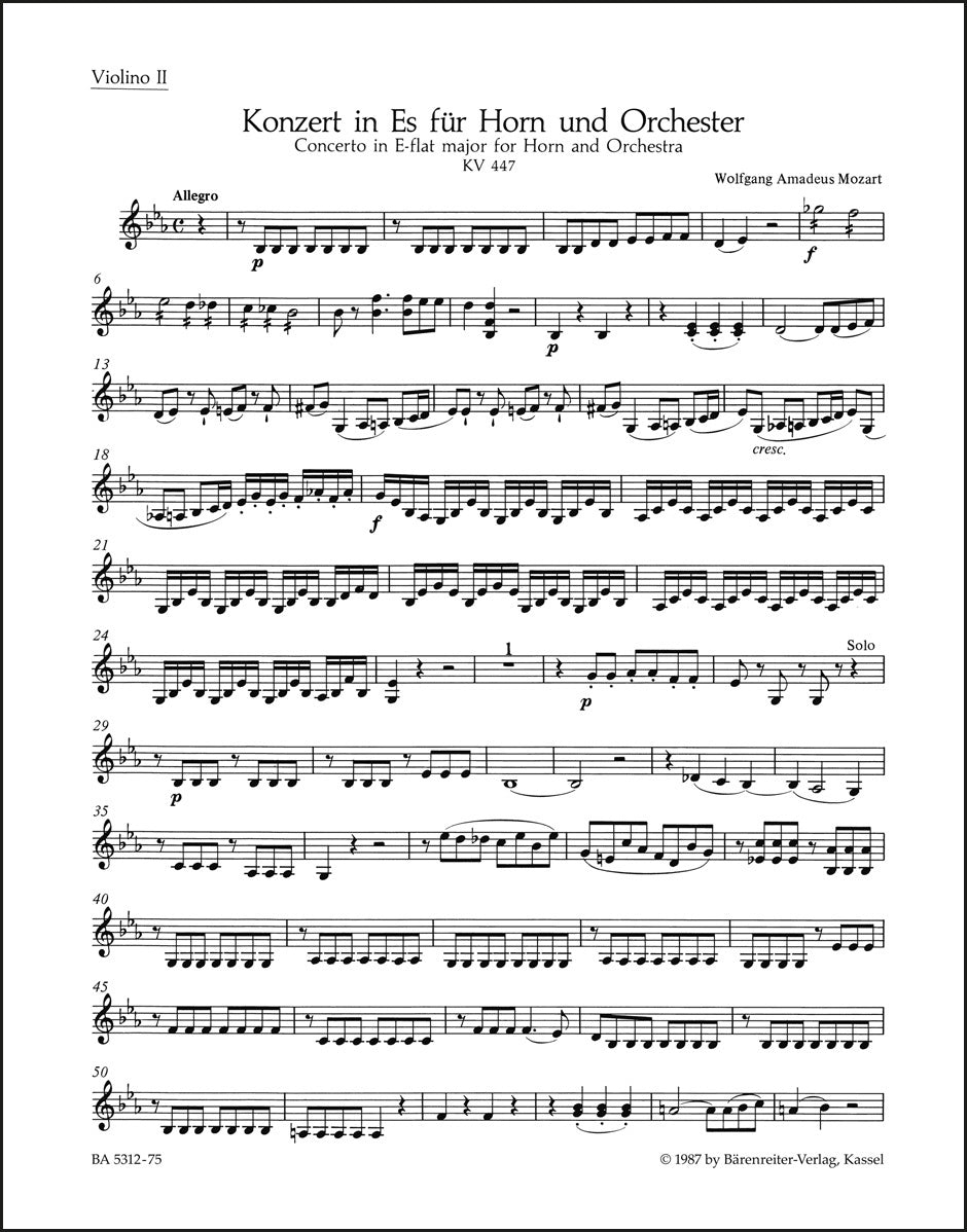 モーツァルト:ホルン協奏曲 第3番 変ホ長調 K. 447(ヴァイオリンパート譜)(3冊セット)