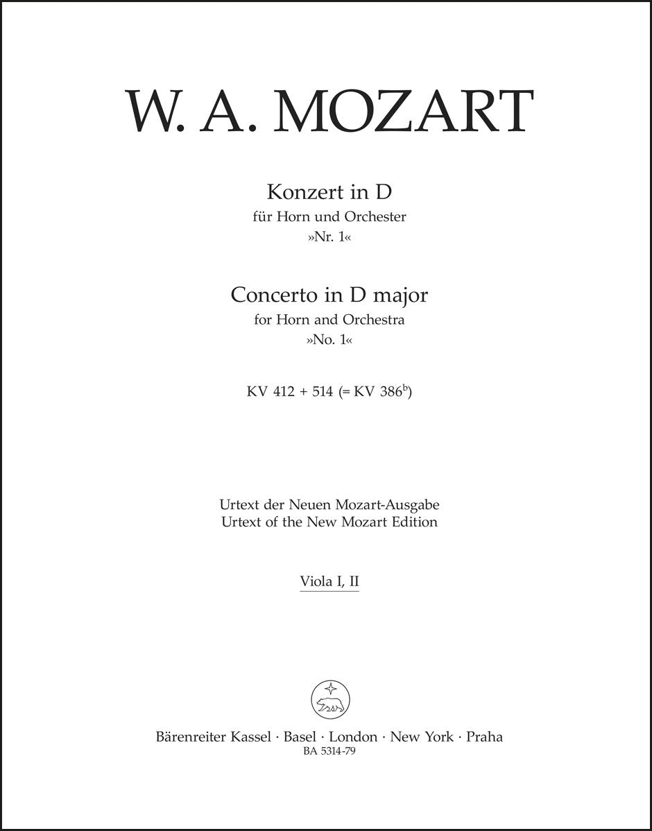 モーツァルト:ホルン協奏曲 第1番 ニ長調 K. 412 + 514 (386b)(ヴィオラパート譜)(2冊セット)