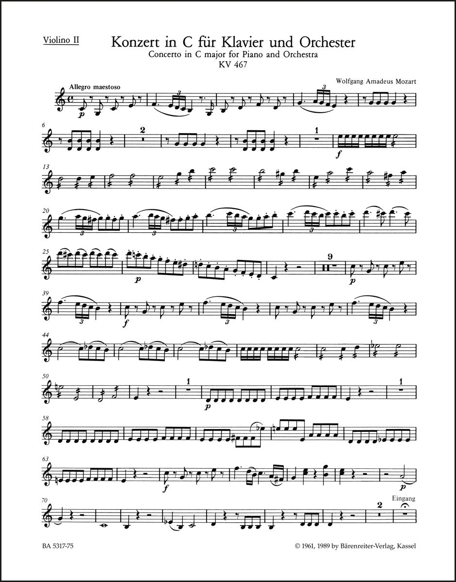 モーツァルト:ピアノ協奏曲第21番 ハ長調 K. 467(ヴァイオリン2パート譜)(ヴァイオリンパート譜)(4冊セット)