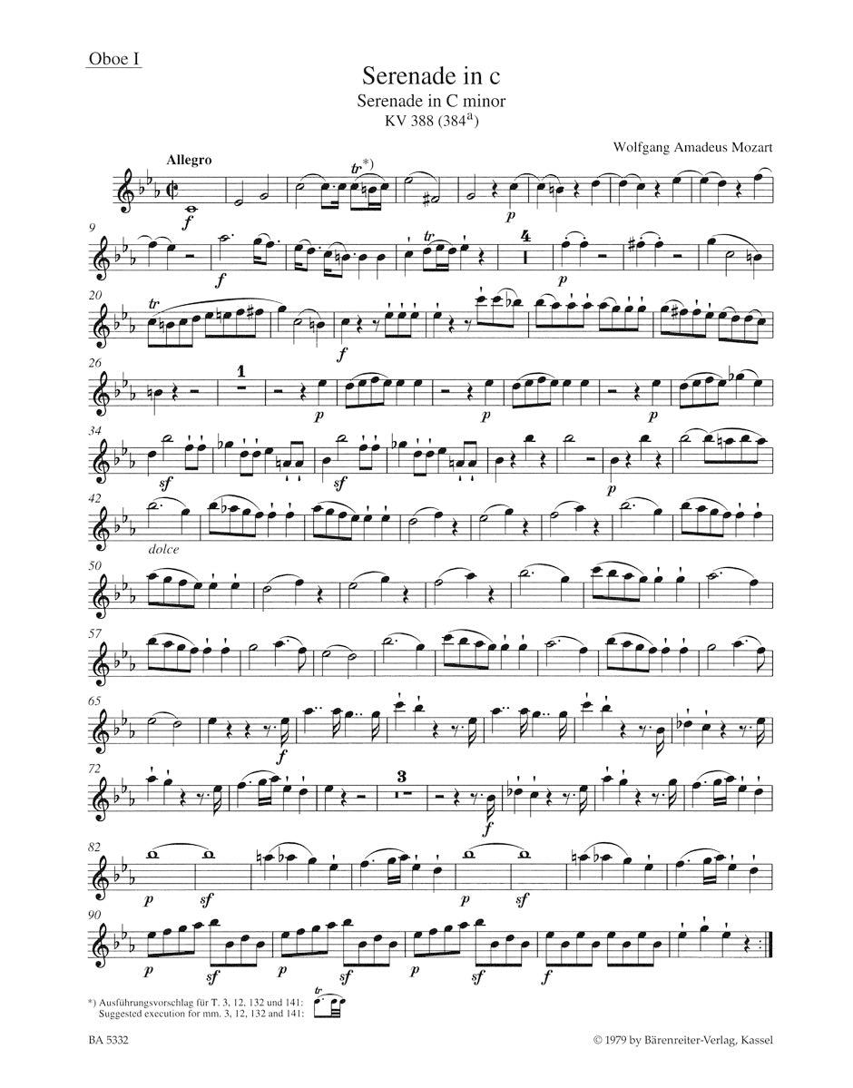 モーツァルト:セレナード ハ短調 K. 388 (384a)(2つのオーボエ、2つのクラリネット、2つのホルンと2つのファゴットのための)(オーボエパート譜)