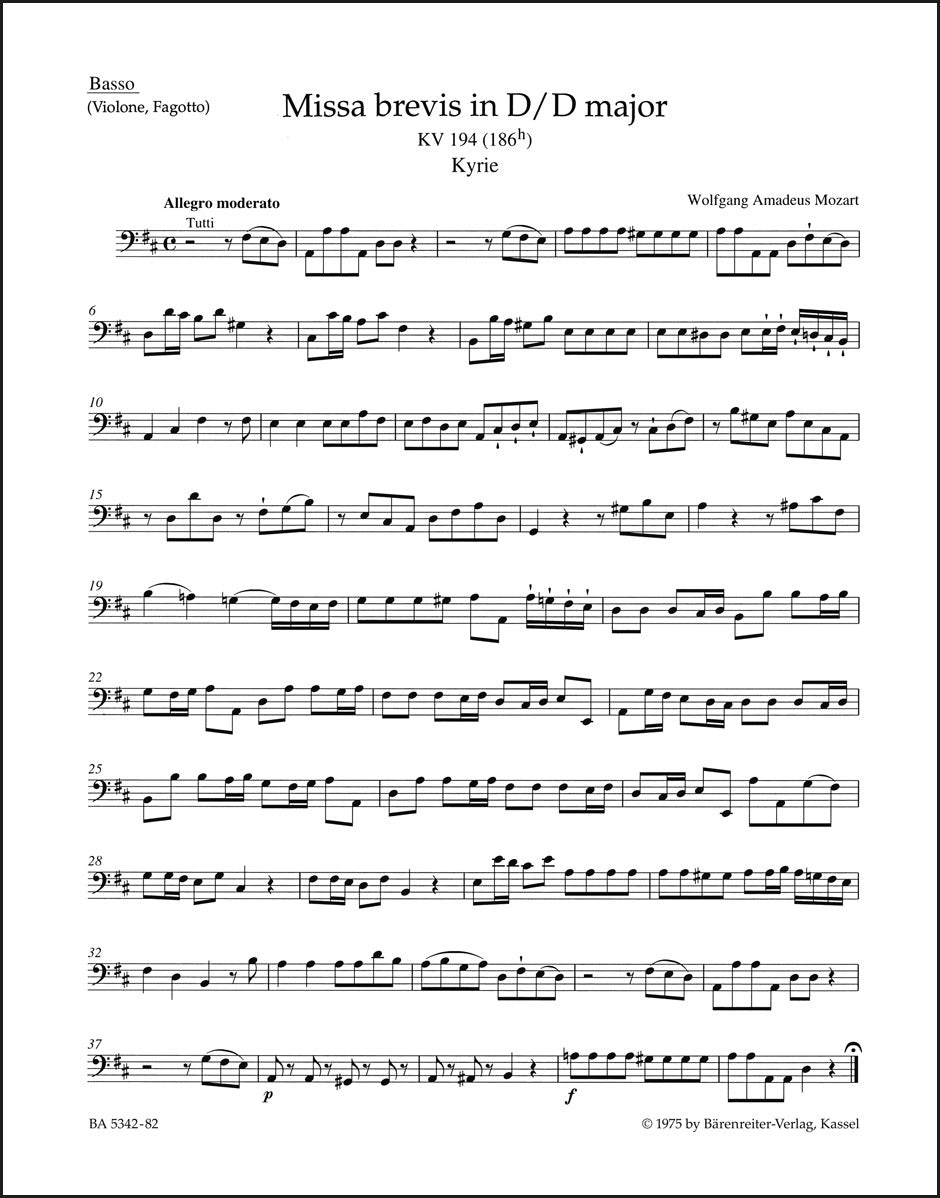 モーツァルト:ミサ・ブレヴィス ニ長調 K. 194 (186h)(バスパート譜)
