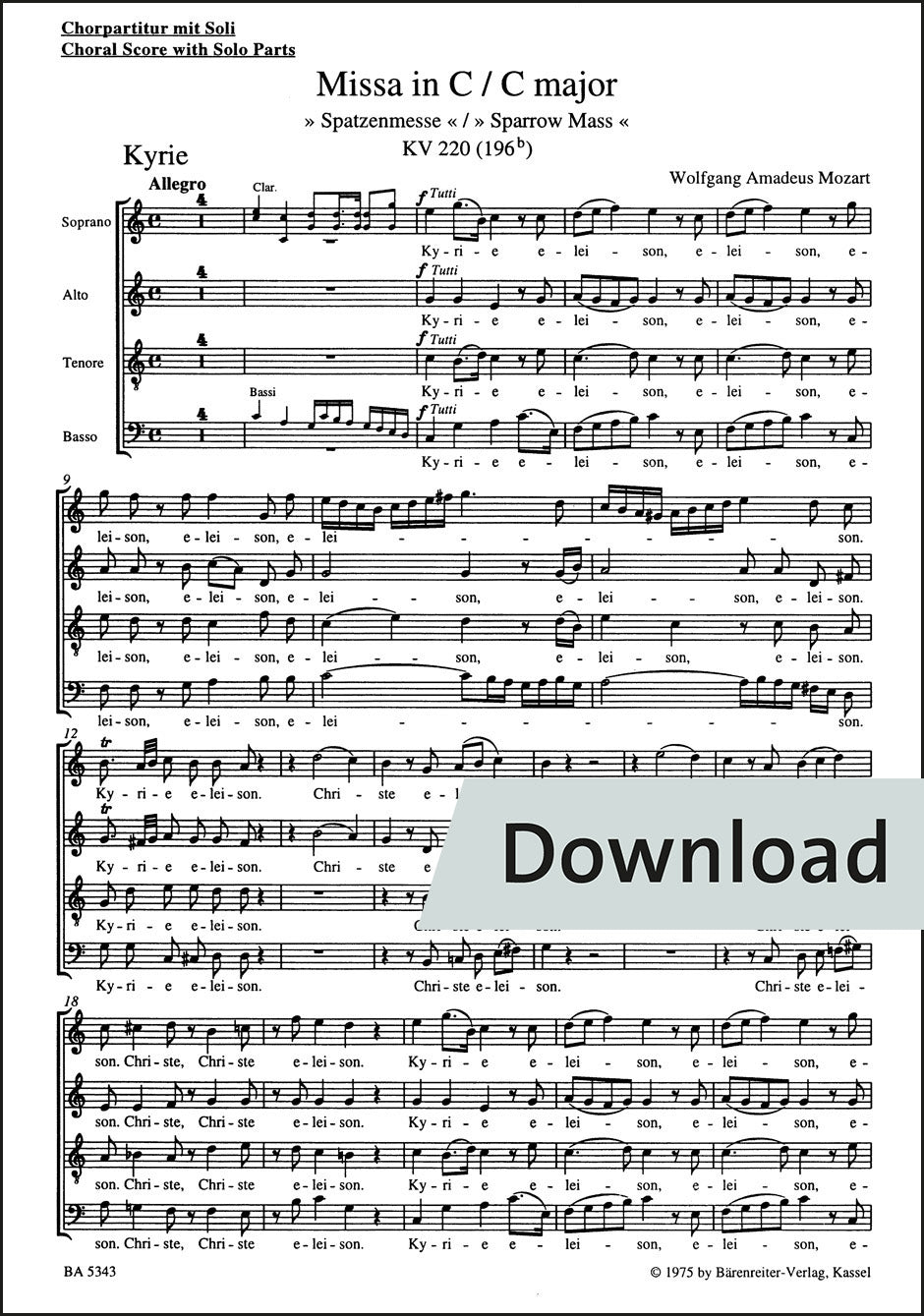 合唱/モーツァルト:ミサ曲 ハ長調 K. 220 (196b) 「すずめミサ」(10冊セット)【デジタル版】