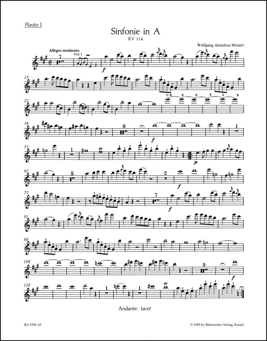 モーツァルト:交響曲第14番 イ長調 K.114 - 管楽器パート譜セット(フルート2, オーボエ2, ホルン2)