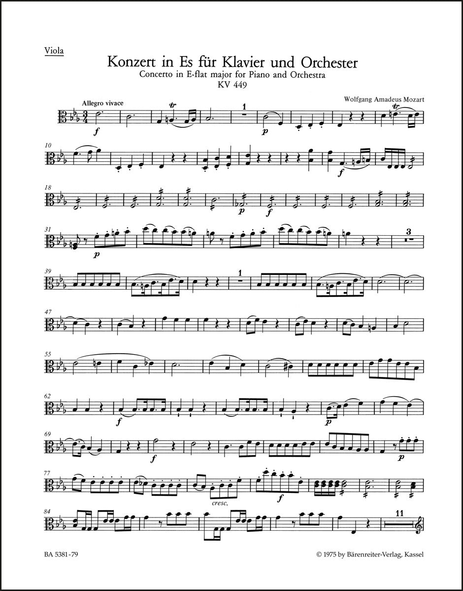 モーツァルト:ピアノ協奏曲 第14番 変ホ長調 K. 449(ヴィオラパート譜)(ヴィオラパート譜)(2冊セット)