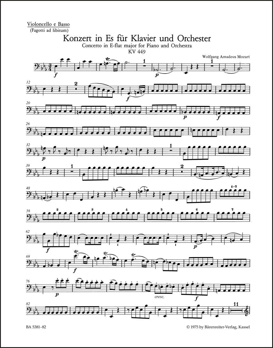 モーツァルト:ピアノ協奏曲第14番 変ホ長調 K. 449(チェロ/コントラバスパート譜)(チェロパート譜)(2冊セット)