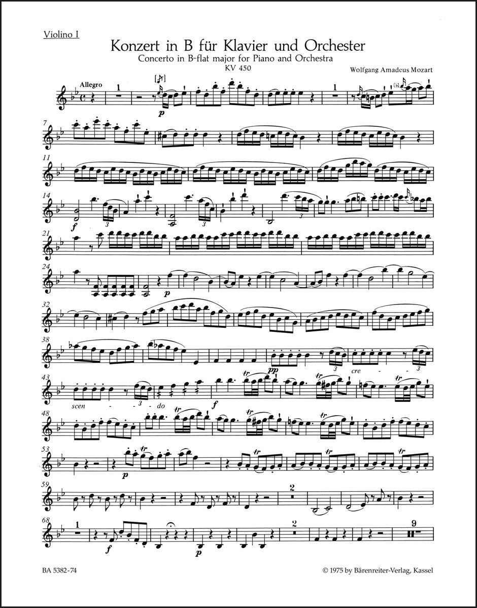 モーツァルト:ピアノ協奏曲第15番 変ロ長調 K. 450(ヴァイオリンパート譜)(4冊セット)