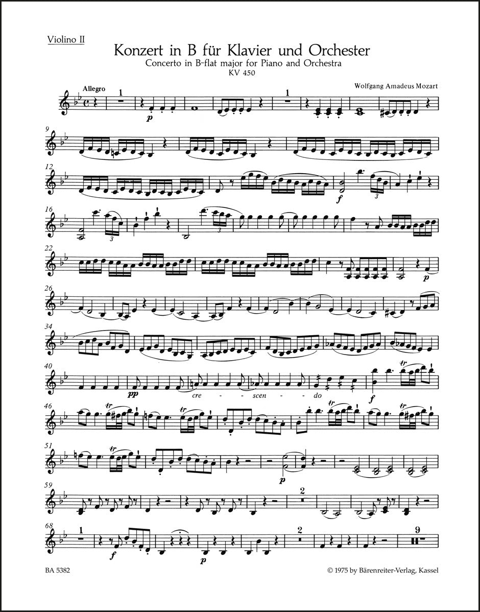 モーツァルト:ピアノ協奏曲第15番 変ロ長調 K. 450(ヴァイオリンパート譜)(4冊セット)