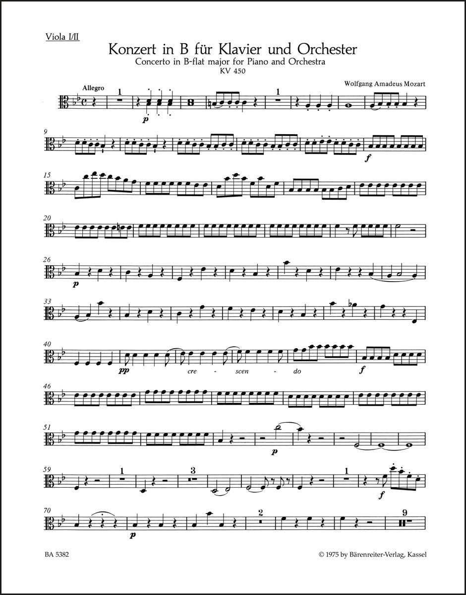 モーツァルト:ピアノ協奏曲第15番 変ロ長調 K. 450(ヴィオラパート譜)(3冊セット)