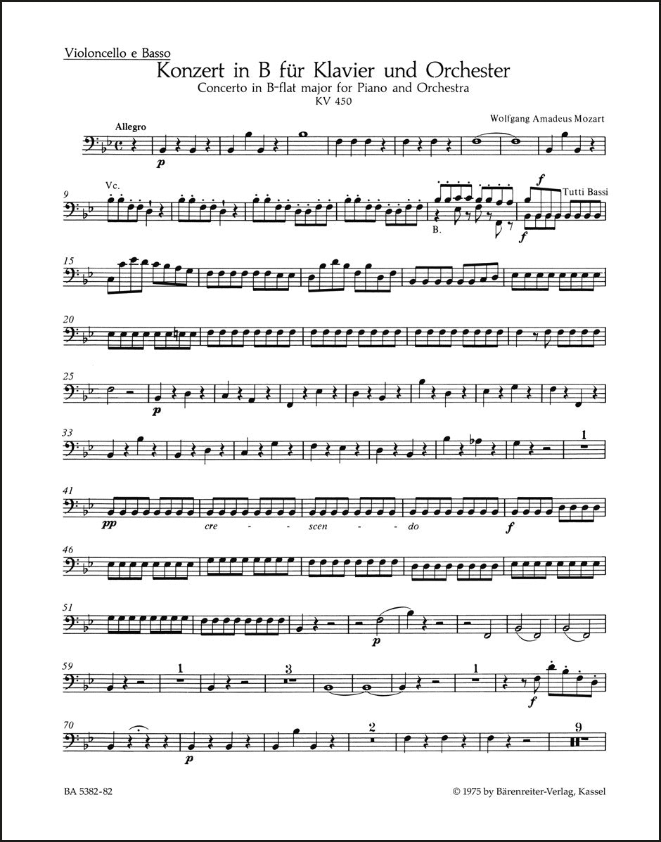 モーツァルト:ピアノ協奏曲第15番 変ロ長調 K. 450(チェロ/コントラバス)(チェロパート譜)(4冊セット)