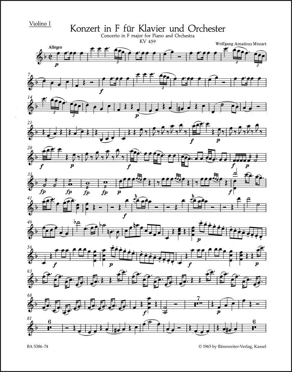 モーツァルト:ピアノ協奏曲第19番 ヘ長調 K. 459 ヴァイオリン1(ヴァイオリンパート譜)(3冊セット)