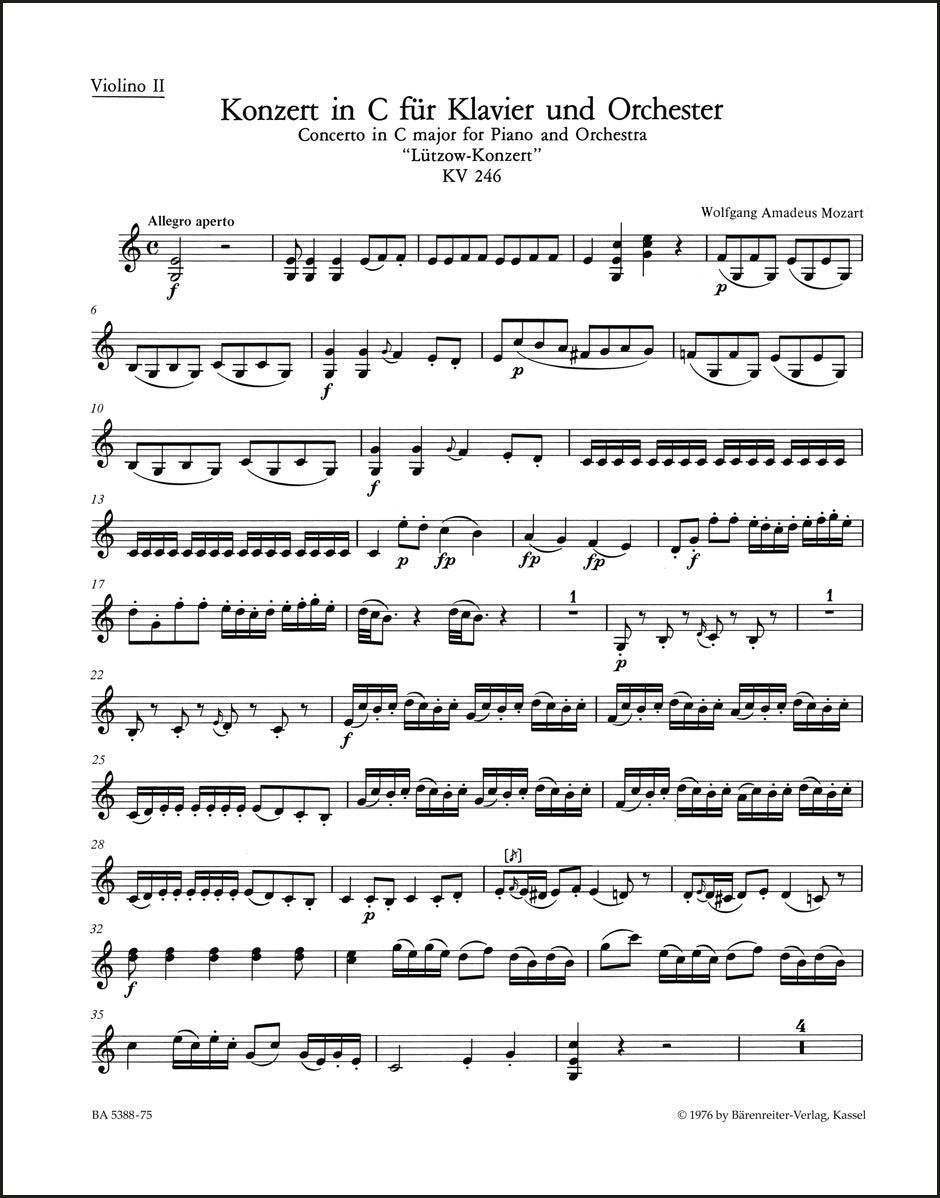 モーツァルト:ピアノ協奏曲第8番 ハ長調 K. 246「リュッツォウ」(ヴァイオリンパート譜)(3冊セット)