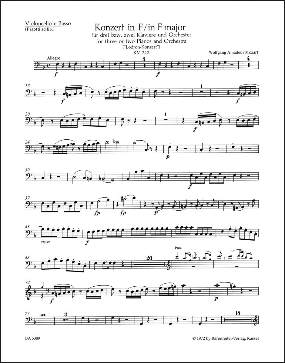 モーツァルト:3台または2台のピアノと管弦楽のための協奏曲第7番ヘ長調 K. 242「ロドロン協奏曲」(チェロパート譜)(4冊セット)