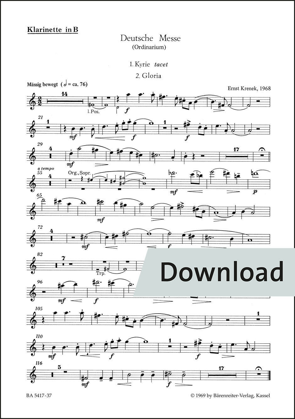クシェネク:ドイツ語ミサ曲(合唱、会衆、器楽のための)(1968) – クラリネット パート譜【デジタル版】