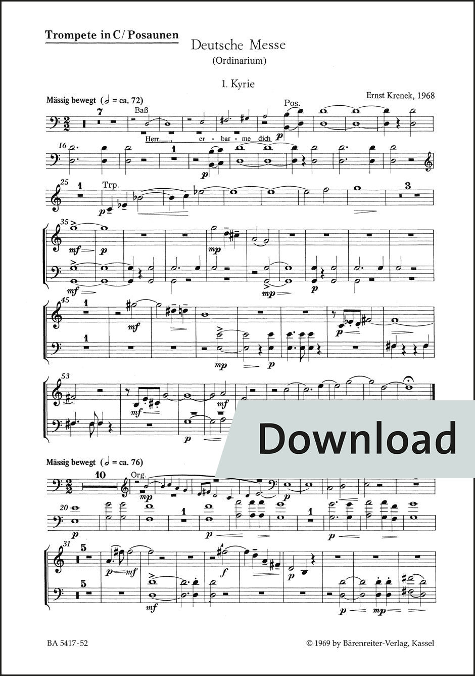 クシェネク:ドイツ語ミサ曲(合唱、会衆、器楽のための)(1968) – トランペット、トロンボーン1・2 パート譜【デジタル版】