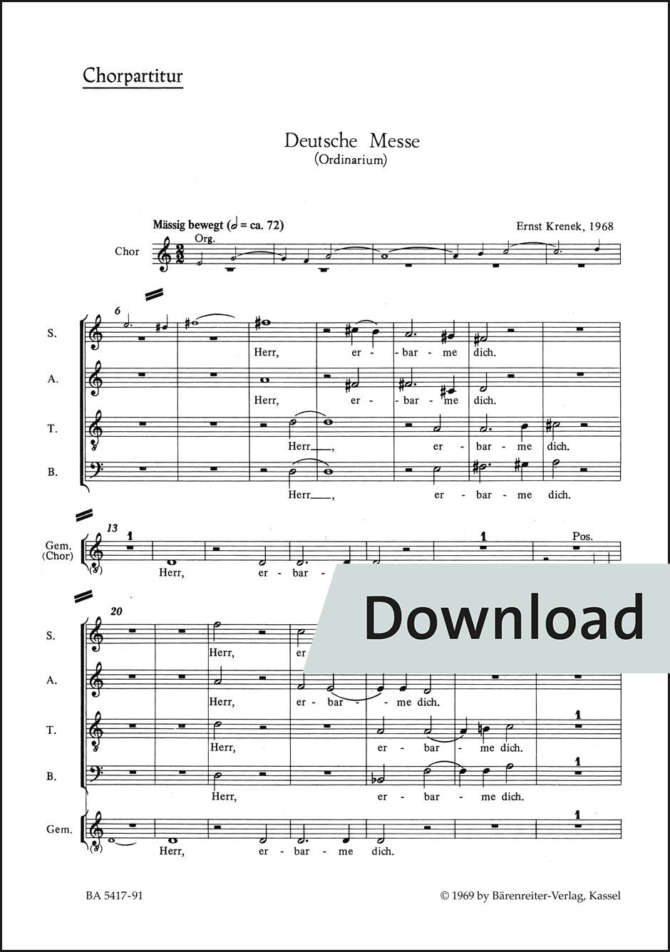 クシェネク:ドイツ語ミサ曲(合唱、会衆、器楽のための)(1968) – 合唱パート譜【デジタル版】