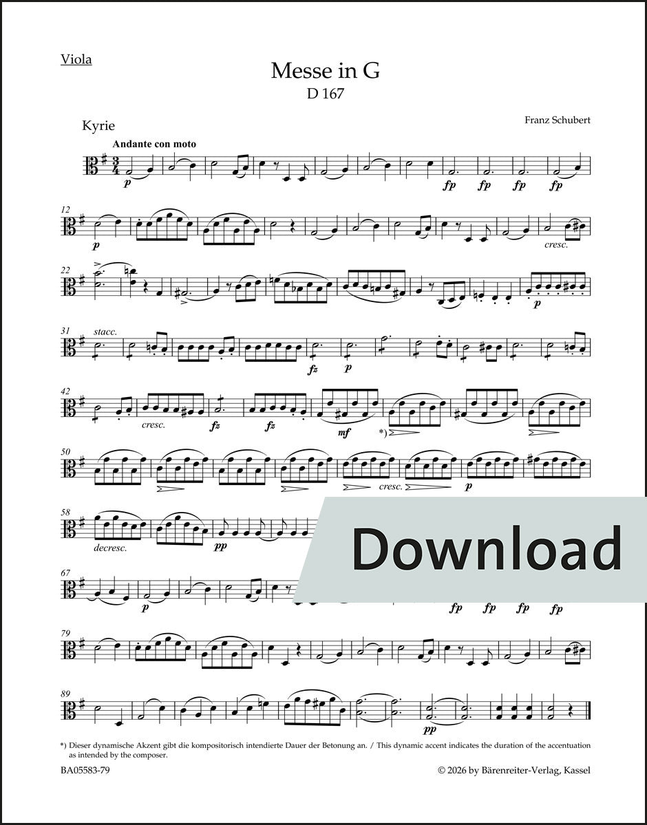 シューベルト:ミサ曲 ト長調 D 167(ヴィオラパート譜)(3冊セット)【デジタル版】