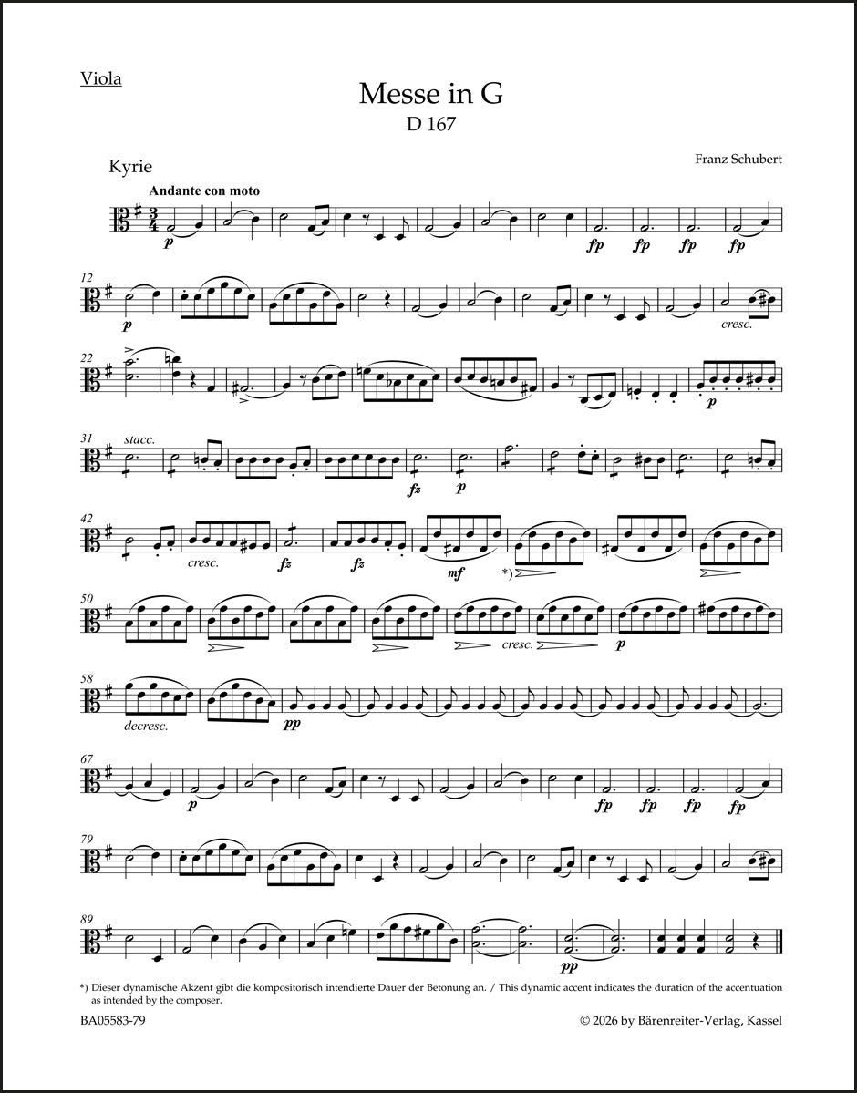 シューベルト:ミサ曲 ト長調 D 167(ヴィオラパート譜)(3冊セット)