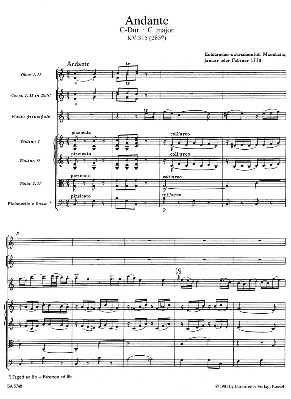 フルート/モーツァルト:フルートと管弦楽のためのアンダンテ ハ長調 K. 315 (285e)