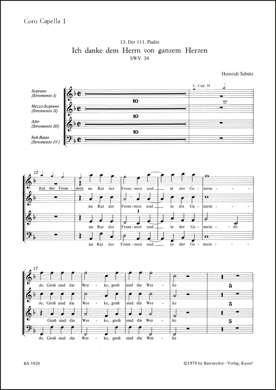 合唱/シュッツ:われ心を尽くして主に感謝せん SWV 34(10冊セット)